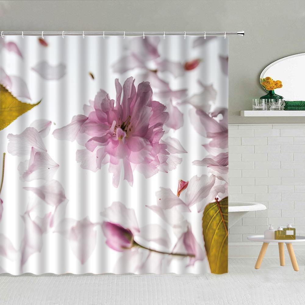 Floral Shower Curtain, Spring Nature Theme Cherry Blossom Bathroom Decor Polyester Fabric Waterproof Bath Curtain with Hooks