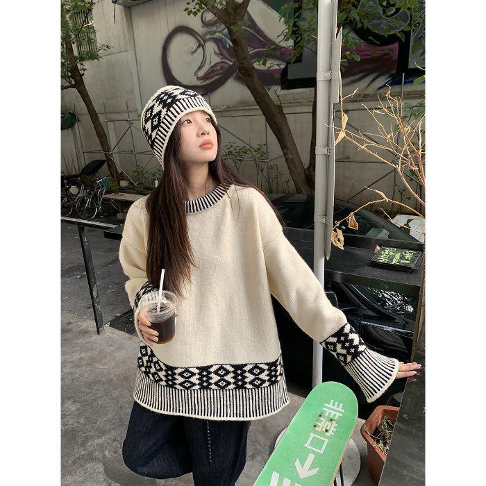 

Женский французский ретро жаккардовый свободный пуловер - Осень/Зима трикотажный топ средней длины с круглым вырезом One size