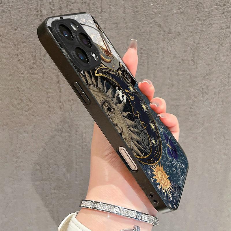 Creative Sun Person Pattern Tempered Glass Phone Case For iPhone 16 Pro Max 17 15 14 13 12 11 Pro 16E 7 8 Plus XR XS X Cover