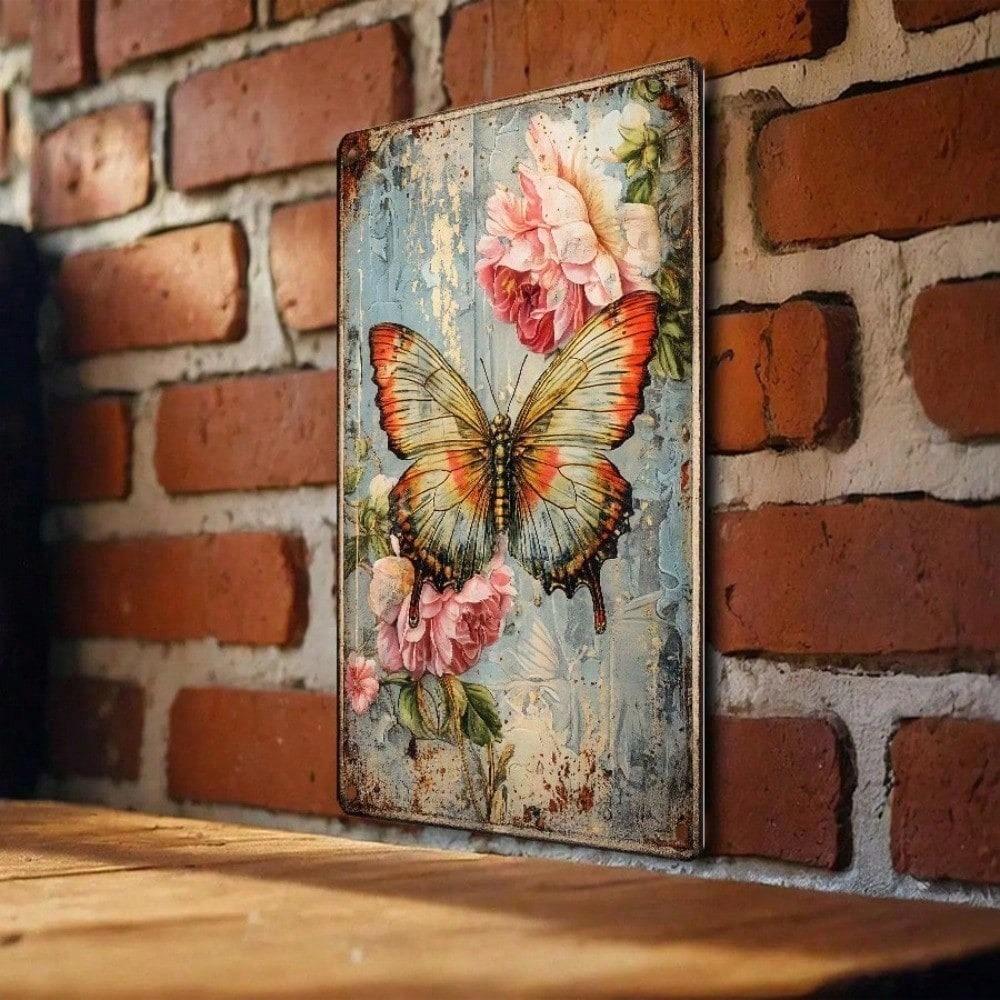 1pc Vintage Butterfly Floral Tin Sign, 2D Flat Retro Farmhouse Metal Wall Decor 12x8 Inch, Hanging Art Plaque for Living Room