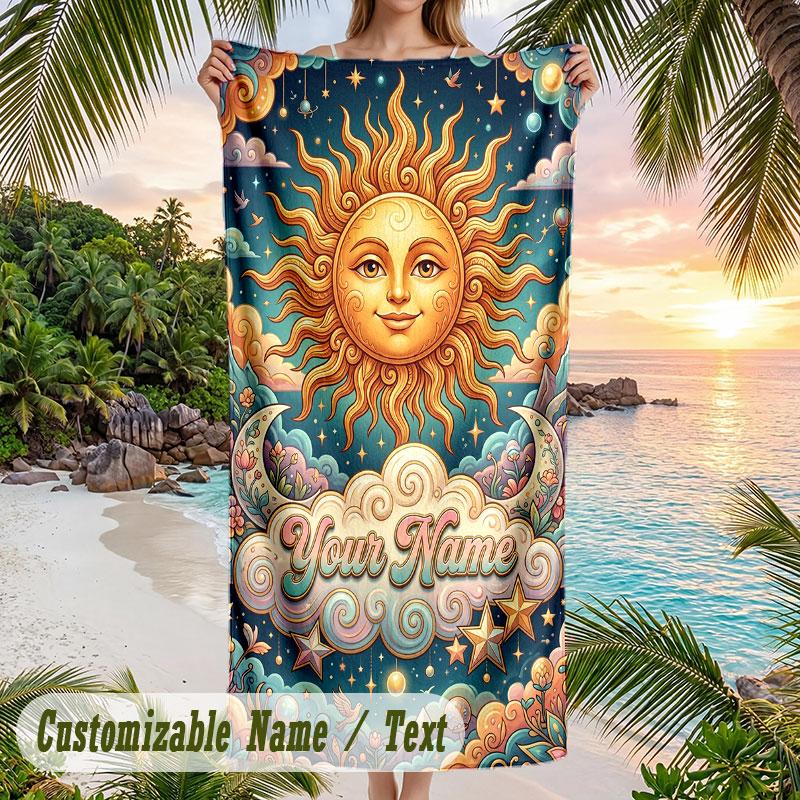 Celestial Dreams Stars Theme Quick Dry Beach Towel Custom Name Text Print Large Sand Resistant Towel Beach Vacation