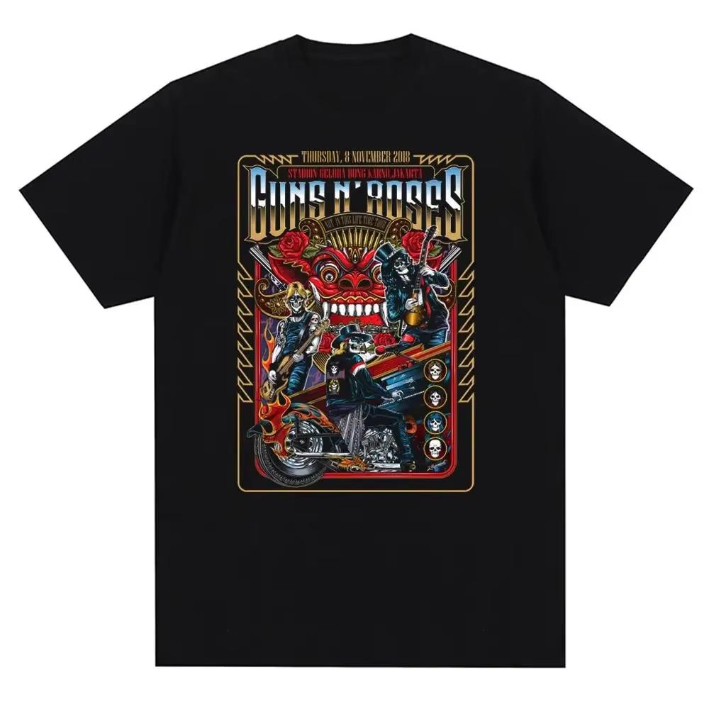 Gun and Rose Pattern Printed Tshirt Retro Rock Band Streetwear Summer Printed Pure Cotton Harajuku Retro Shortsleeved