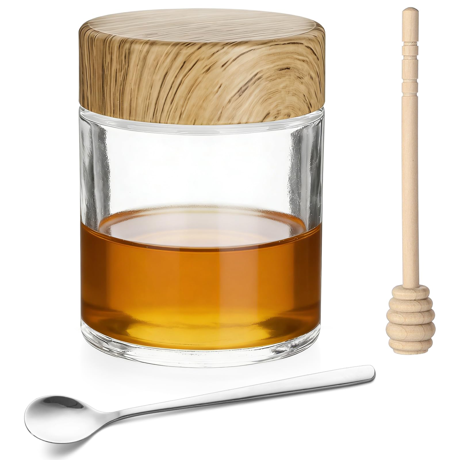 Honey Pot Glass Honey Jar, Transparent Honey Dispenser, 280ml, with Dipper and Lid, Jam Jar, Honey Container, Home Kitchen Storage, Airtight, Food Sto