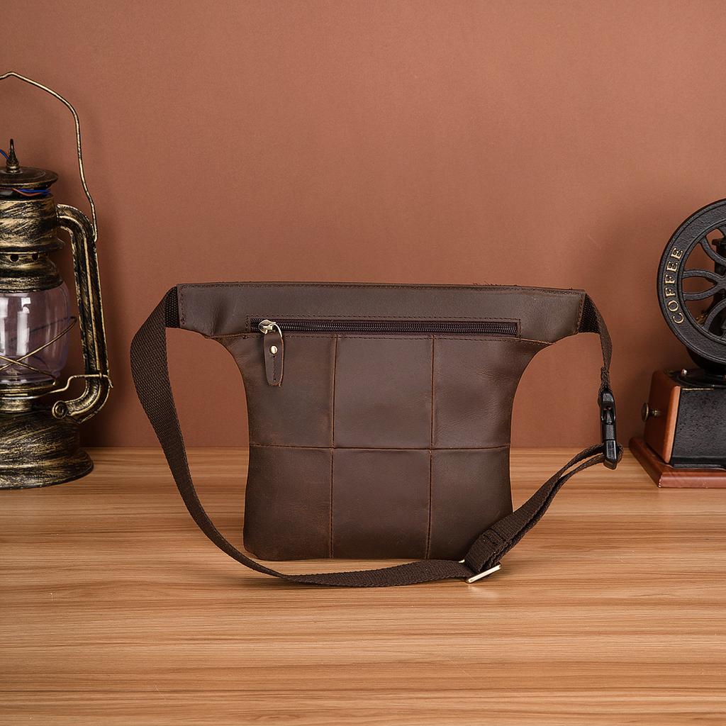 Crazy Horse Leather Men's Vintage Travel Fanny Waist Belt Bag Pack Satchel Sling Bag Design Phone Cigarette Case Pouch Male