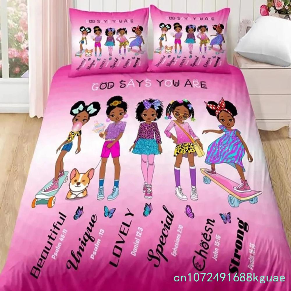 American Black Girl Duvet Cover Set,Black Girl Magic Bedding Set Full Size,Cute Little Afro Black Princess Comforter Cover Sets