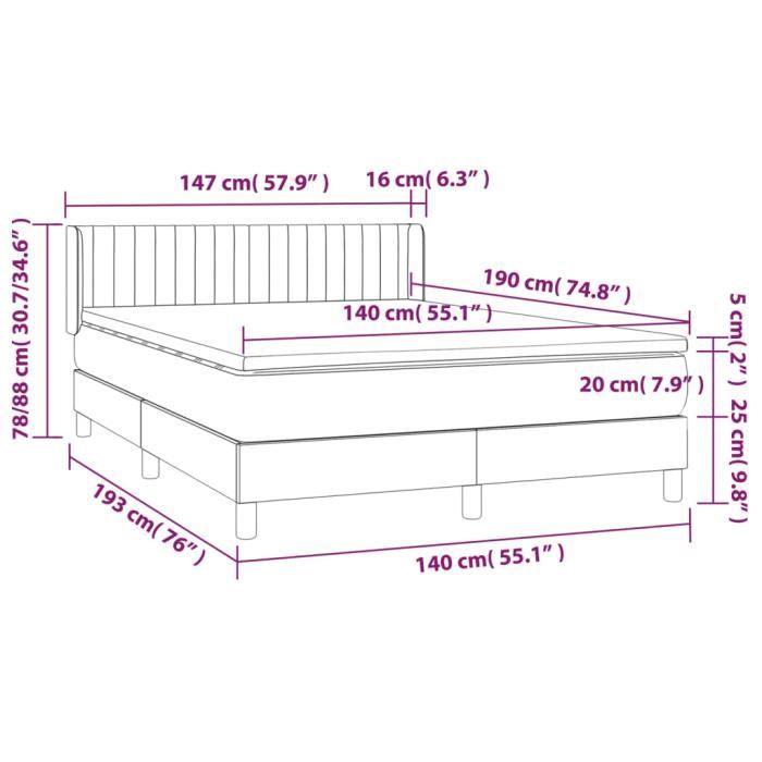 VidaXL Lit à sommier tapissier et matelas Gris clair 140x190cm Velours 3131075