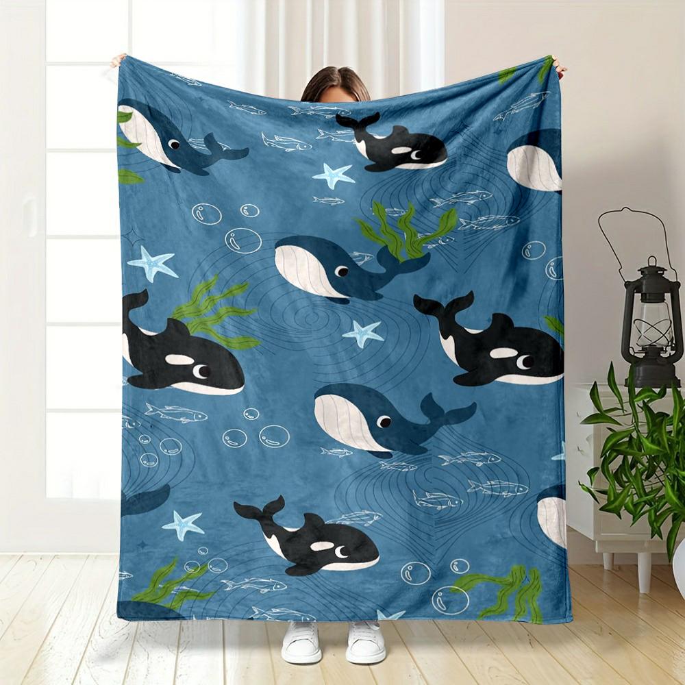 Cute Cartoon Orca and Ocean Life Flannel blanket for bedroom living room sofa and nap