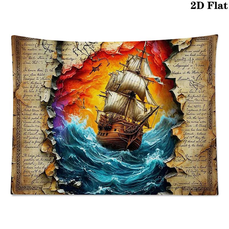 Pirate Ship Art Wall Tapestry Aesthetic Wall Hanging Printed Fabric Blanket Decorative Tapestries for Bedroom Living Room Home Decor