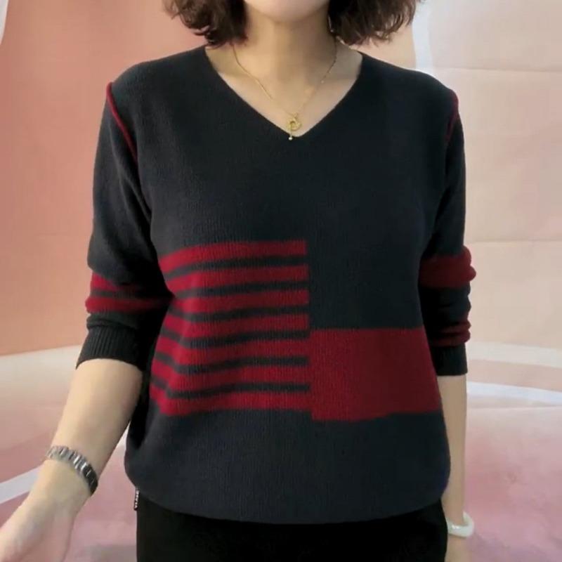 Autumn and Winter Color-blocked Sweaters V-neck Sweaters Stylish Commuter Bottoming Shirts Women's Tops