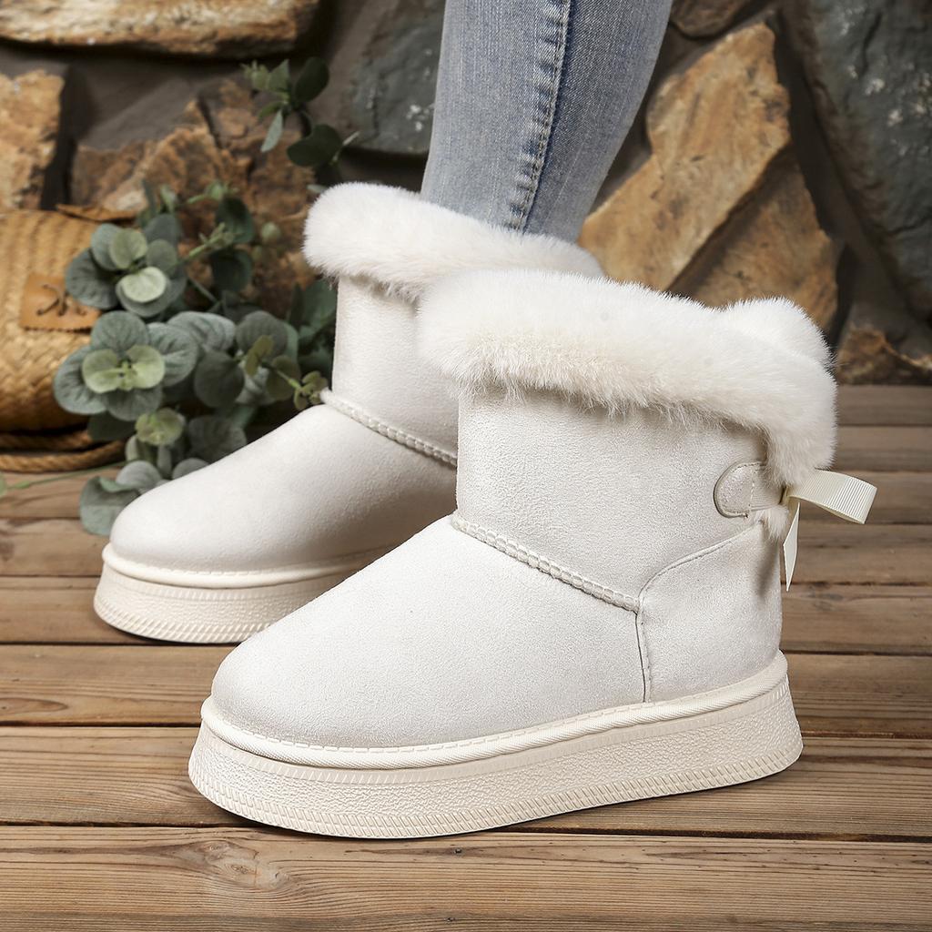 Große Größe Winter Plüsch Warm Dick Sohlige Schneestiefel Damen Dicke Zwischensohle Schleife Verziert Knöchelhohe Stiefel Baumwollstiefel mit Wildledersohle