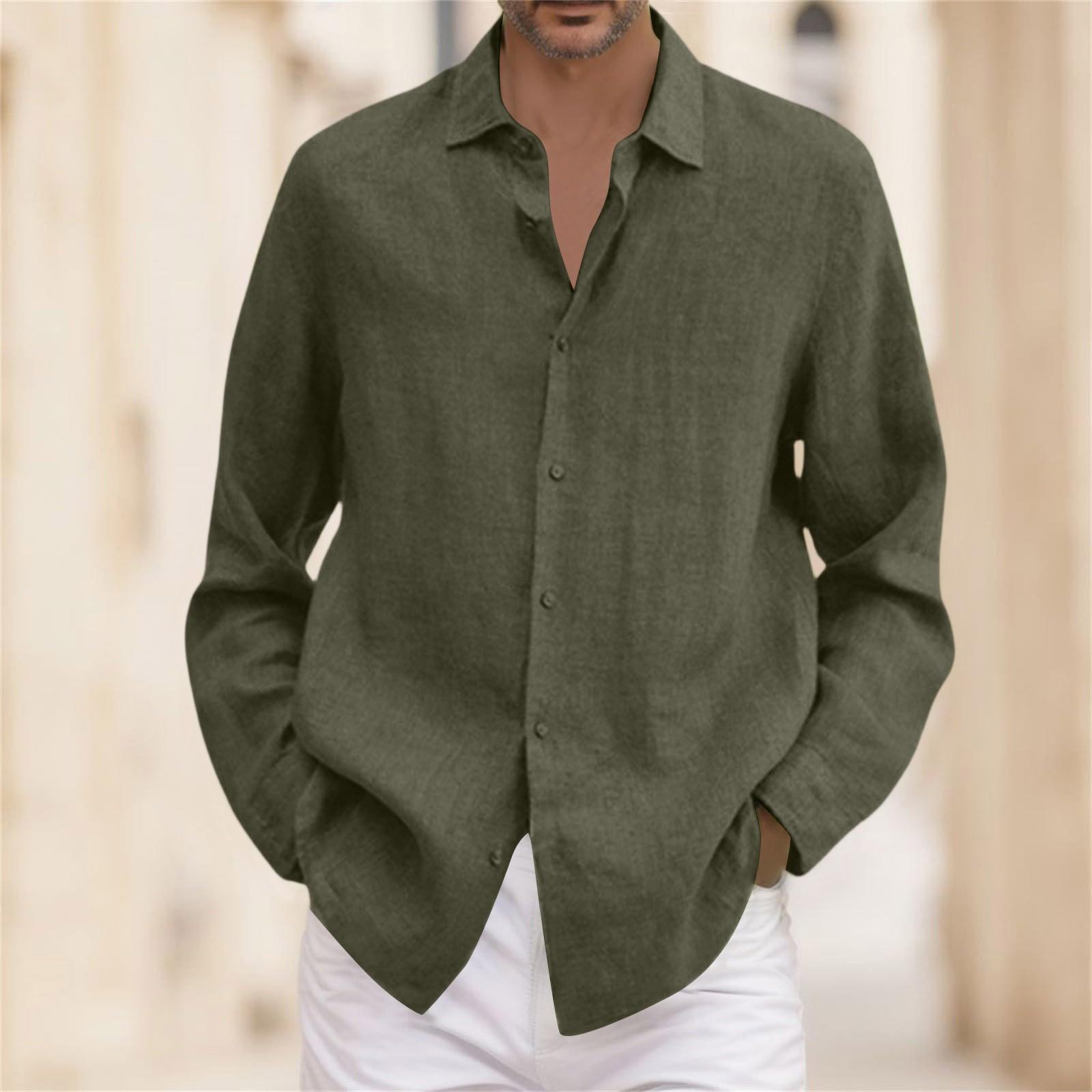 

A Man In A Four-season Cotton And Linen Long-sleeved, Lapel, Loose Button Cotton And Linen Cardigan Shirt XXL