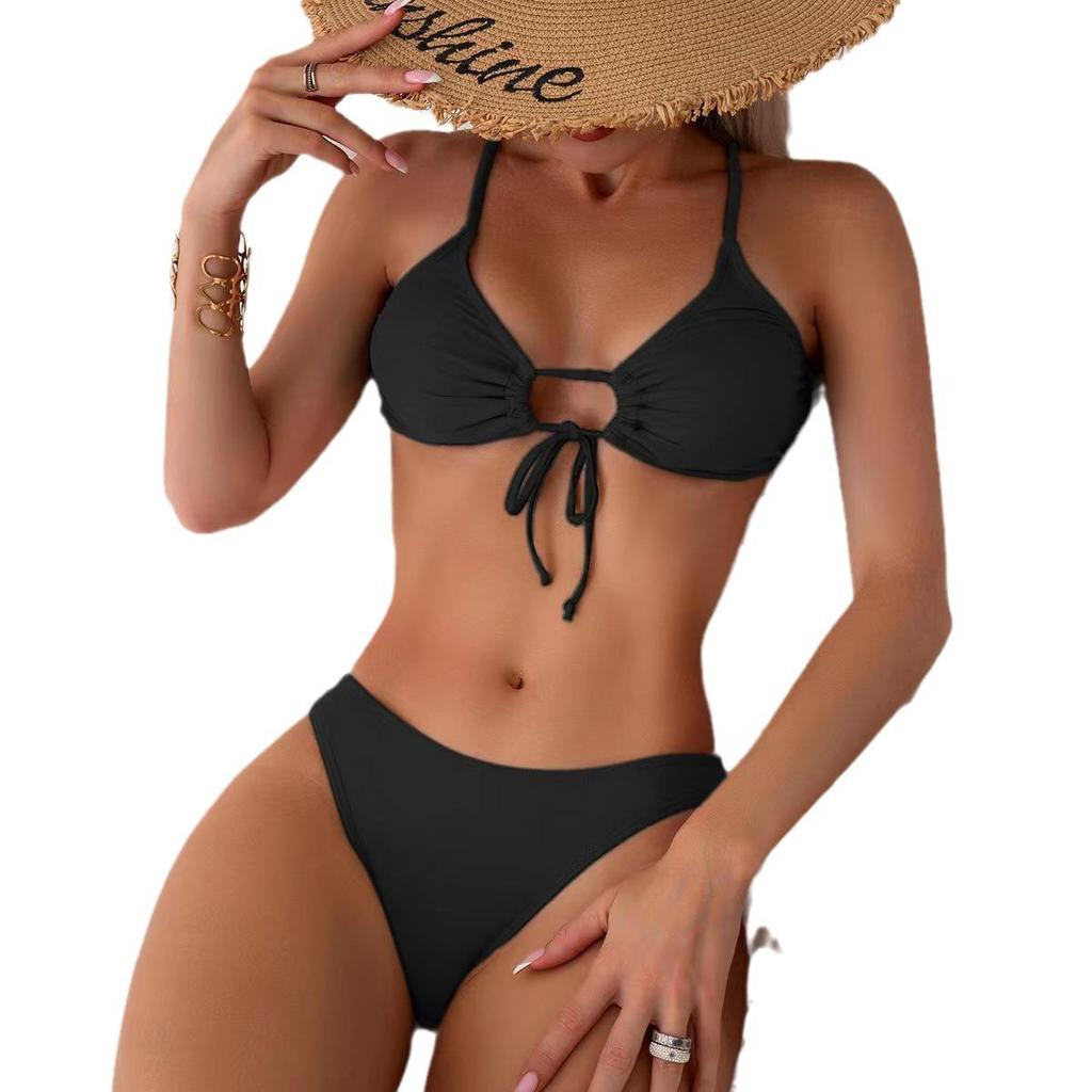 2024 European and American Lace-up Solid Color Sexy Two-piece Bikini