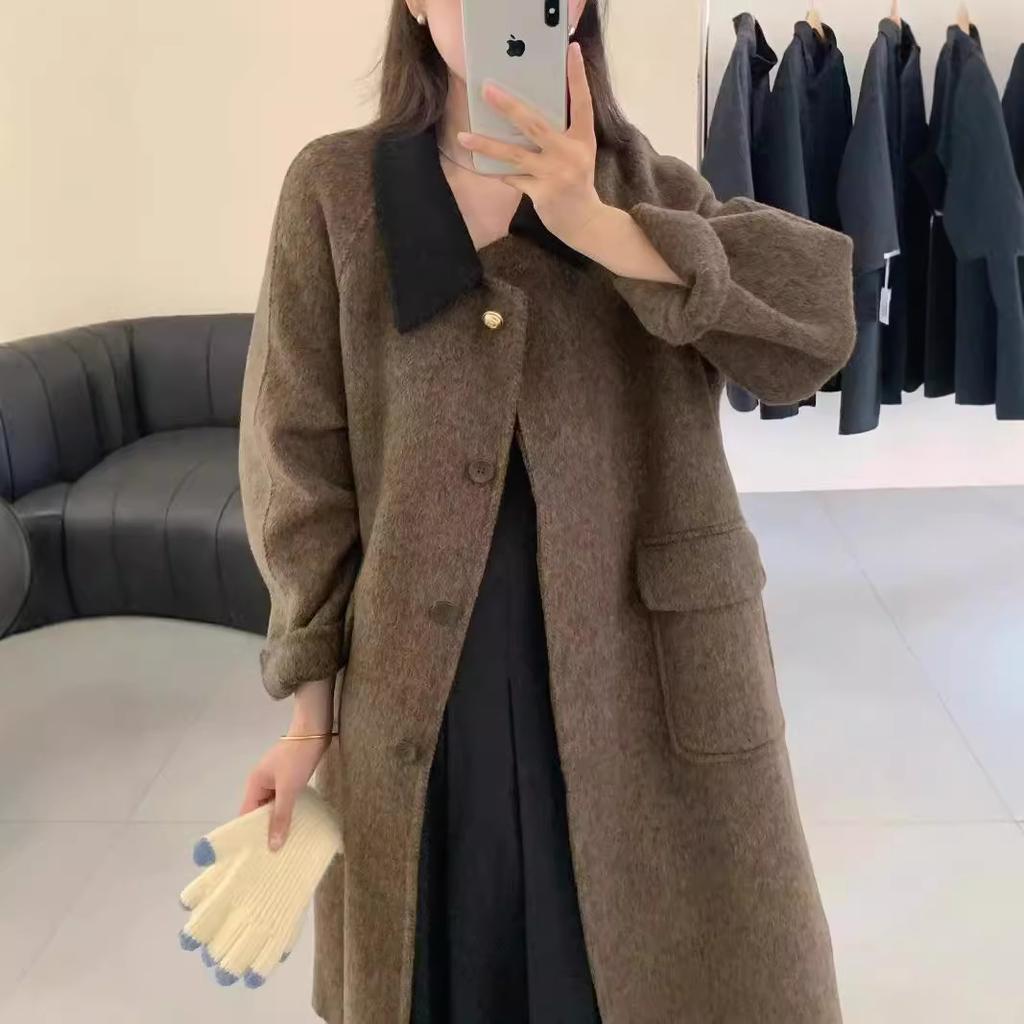 Herringbone Pattern Korean Style Double-sided Wool Coat for Women Loose Doll Collar Lapel Woolen Coat Mid-length Winter