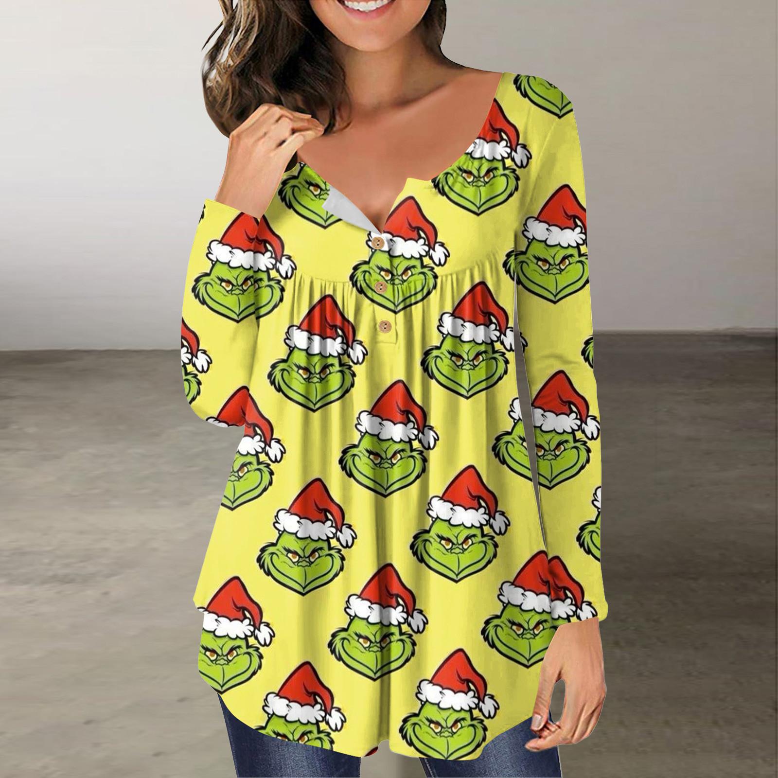 

Женская мода Рождественский принт на пуговицах с v-образным вырезом и длинным рукавом Повседневный топ XXXL жёлтый