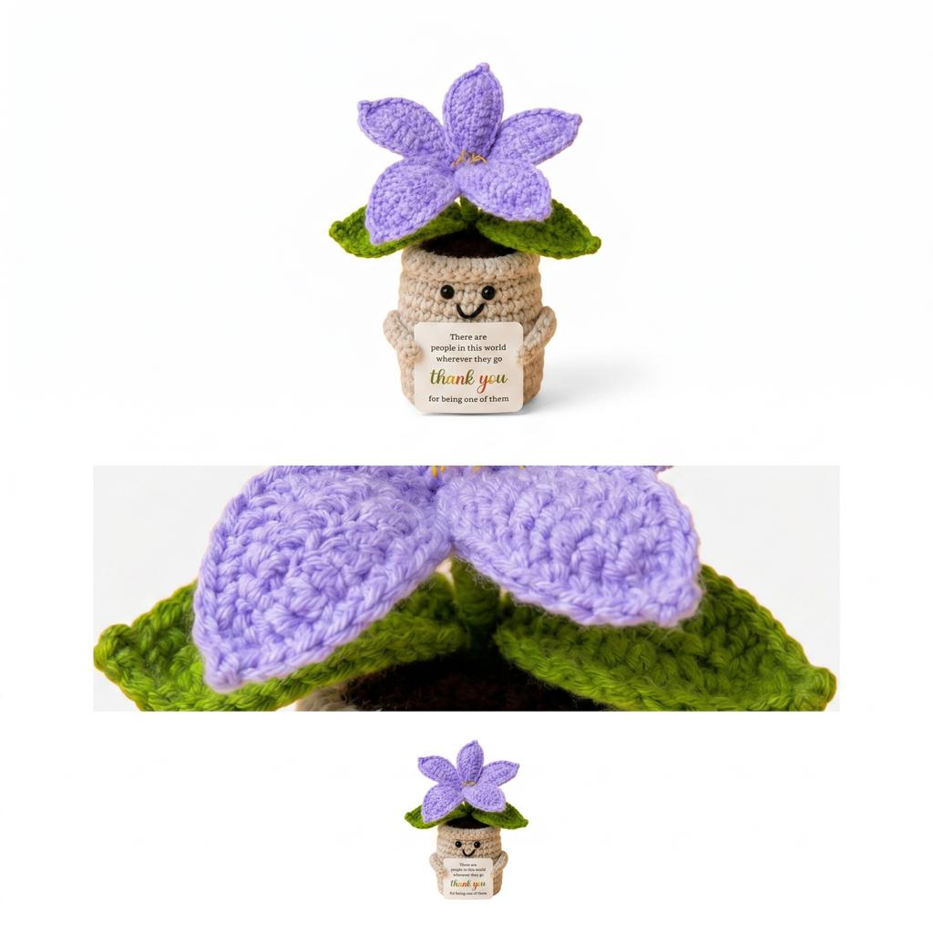 Hand Knitted Bouquet in Pot with Uplifting Sentiment Card - Artificial Plant Home Decor