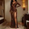 Mode Langarm Schlank Falten Abendkleid Neu Hohe Taille Damen Herbst Pendlerkleid Elegant Satin V-Ausschnitt Eng Partykleid
