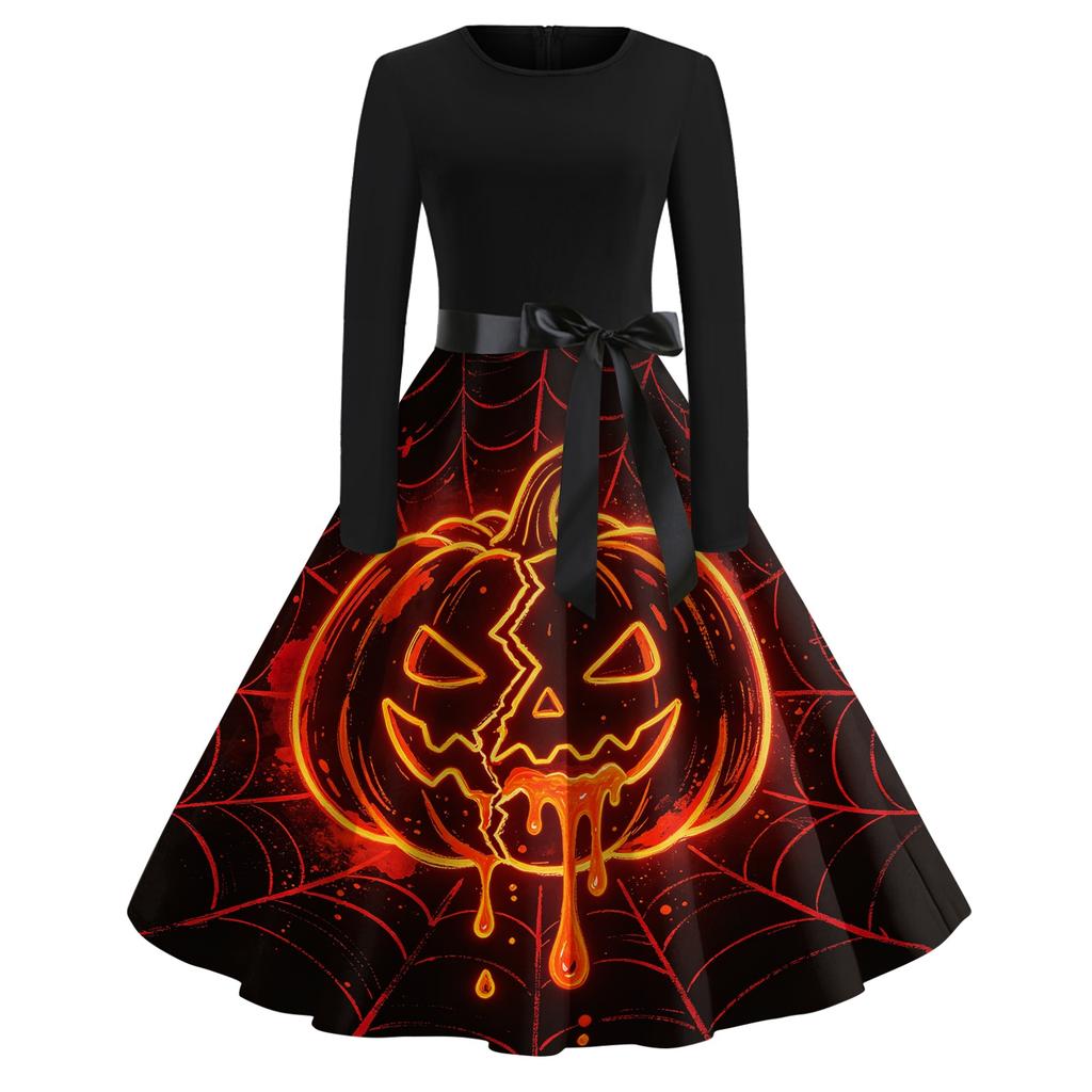 Women's Retro Halloween Print Long Sleeve Neck Casual Dress for Fall Party