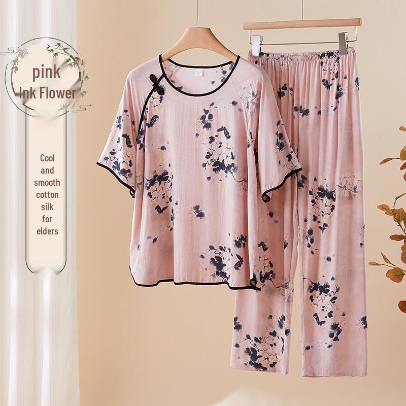 

Chinese Style Cotton Silk Pajamas for Middle-Aged and Elderly Women, Mid-Sleeve Top & Long Pants Homewear Set 3XL (120-135 jin)