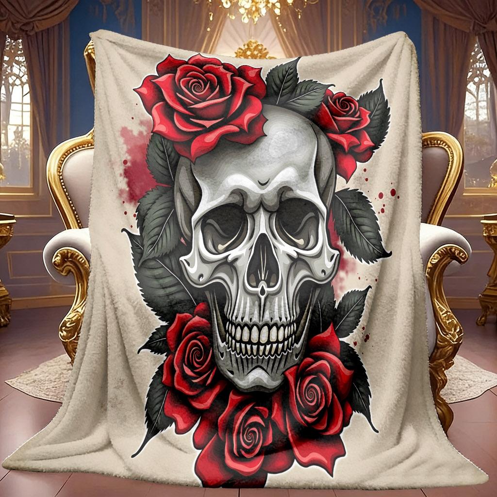 1pc 2D Skull And Red Rose Theme Pattern Flannel Blanket, Soft HD Digital Print, Cooling Blanket All-Season Use! Soft And Breathable 100% Polyester Fib