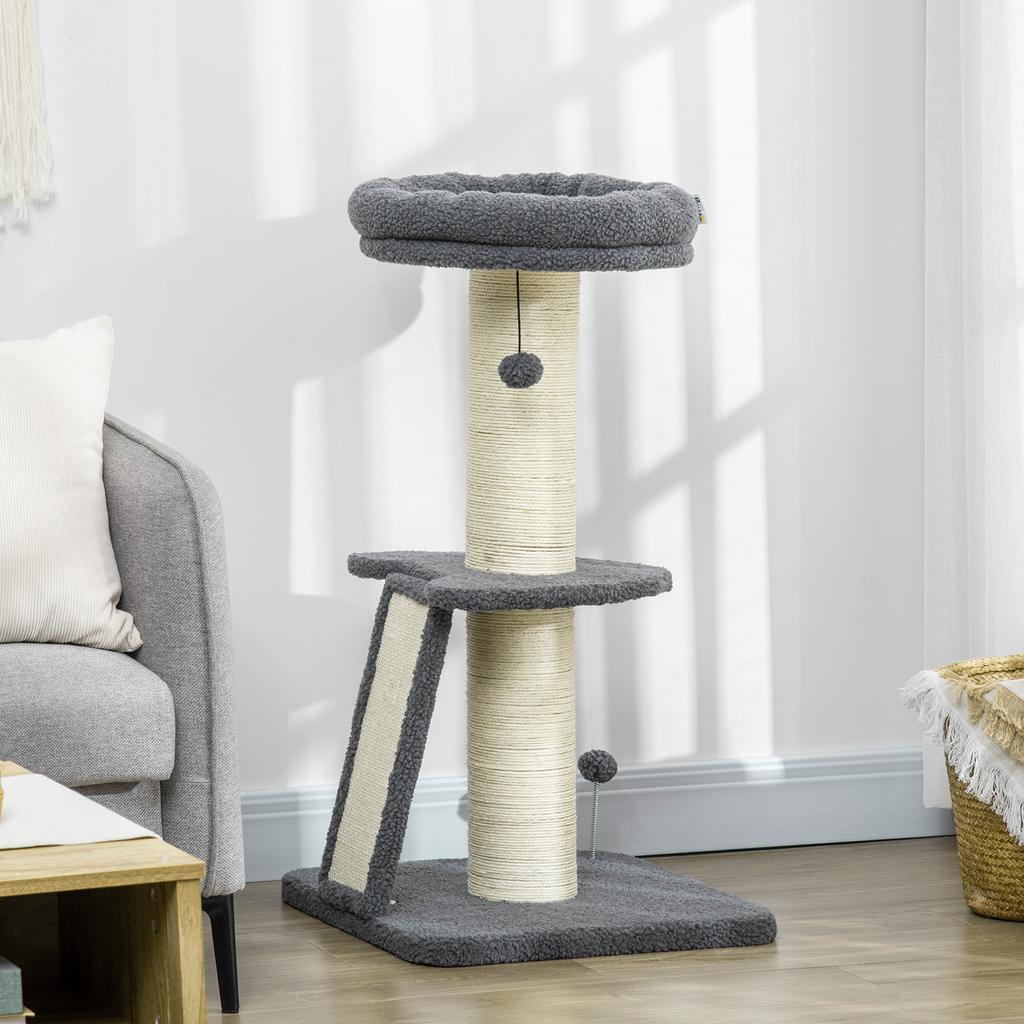 Cat Tree Tower with Scratching Posts, Pad, Bed, Toy Ball-Dark Grey