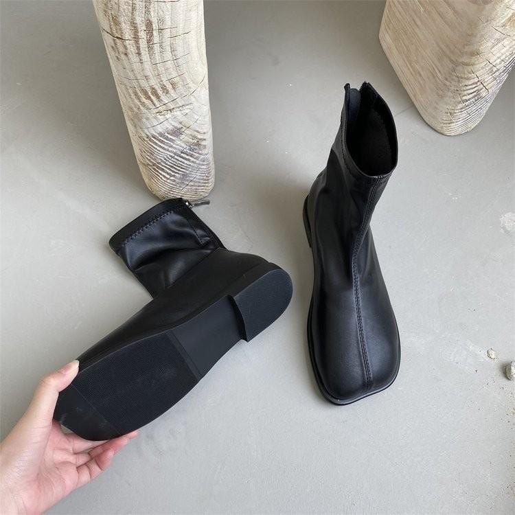Mango Head Short Boots Women's Spring and Autumn Single Boots 2025 New Square Head Soft Leather Elastic Skinny Chelsea Martin Boots