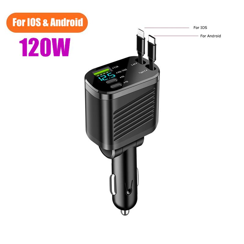 150W Car Charger PD30W Car Cigarette Lighter Adapter Voltage Display With Retractable Cable Fast Charger 22.5W For IOS Android