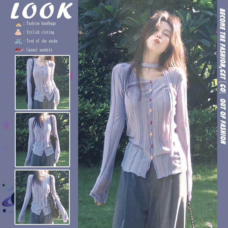 

Purple Slim-Fit Slimming Knit Long-Sleeve T-Shirt, Early Autumn Korean-Style Vibe Outfit, Niche Design Top for Women Purple S [Excellent Quality]