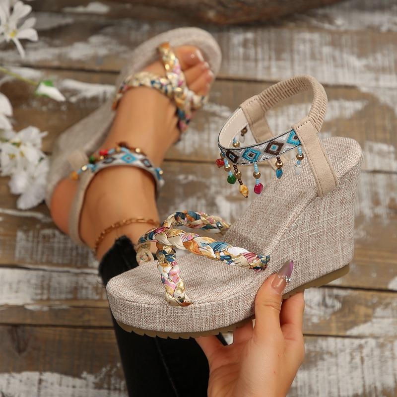 Damen Übergröße Farbblock Gewebte Keilsandalen Hohl Ausgeschnitten Offene Zehen Lässige Sommer Tägliche Schuhe