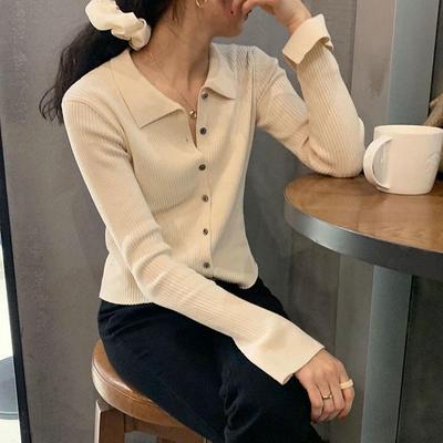 Retro Women's Lapel Sweater - Solid Color, Thin, Short POLO Collar, Simple Cardigan for Autumn Wear