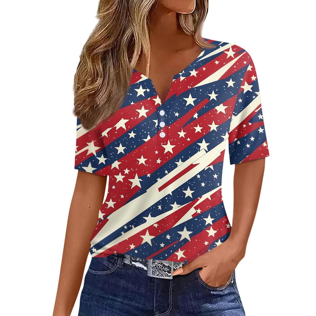 Women's T Shirt Independence Day Print Button Short Sleeve Daily Weekend Fashion Basic V- Neck Regular Top