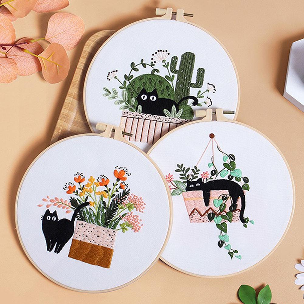 DIY Embroidery Needlework Kit Tool For Beginners Home Sewing Handcraft Embroidered Set Dynamic Black Cat Pattern Wall Decoration