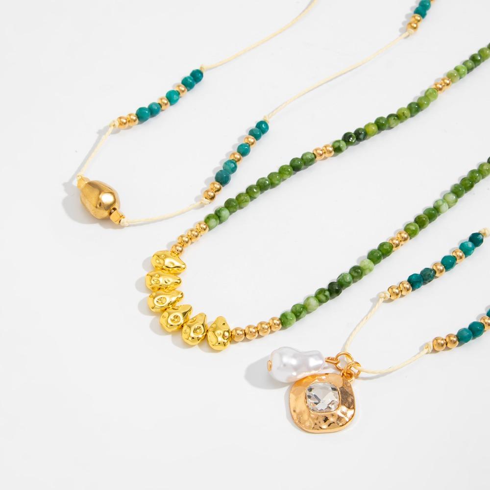 3pcs Set Retro Temperament Baroque Pearl Pendant Green Beaded Long Multi-layered Necklace for Women Stacked Jewelry Sets Gifts