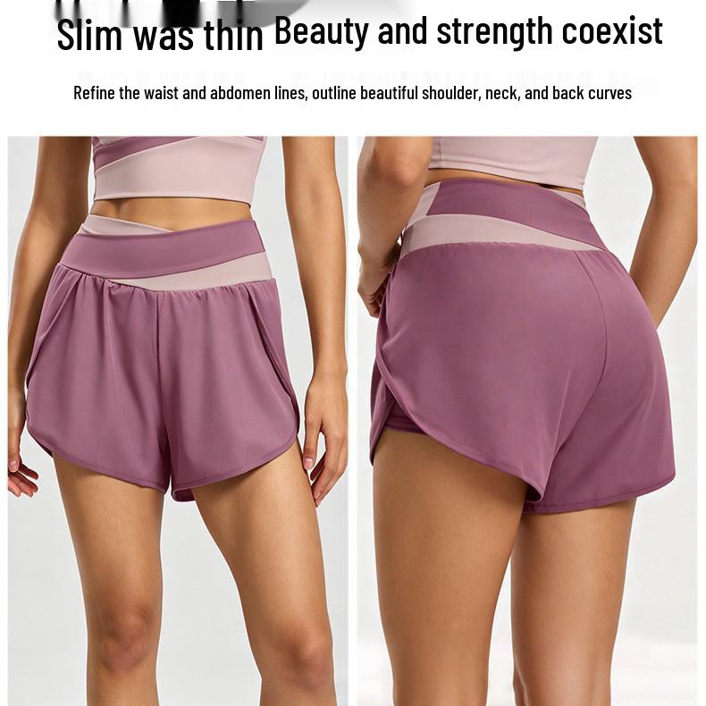 Women's Color-Block High-Waisted Quick-Dry Yoga and Running Shorts - Nude Feel, Anti-Exposure Design for Summer