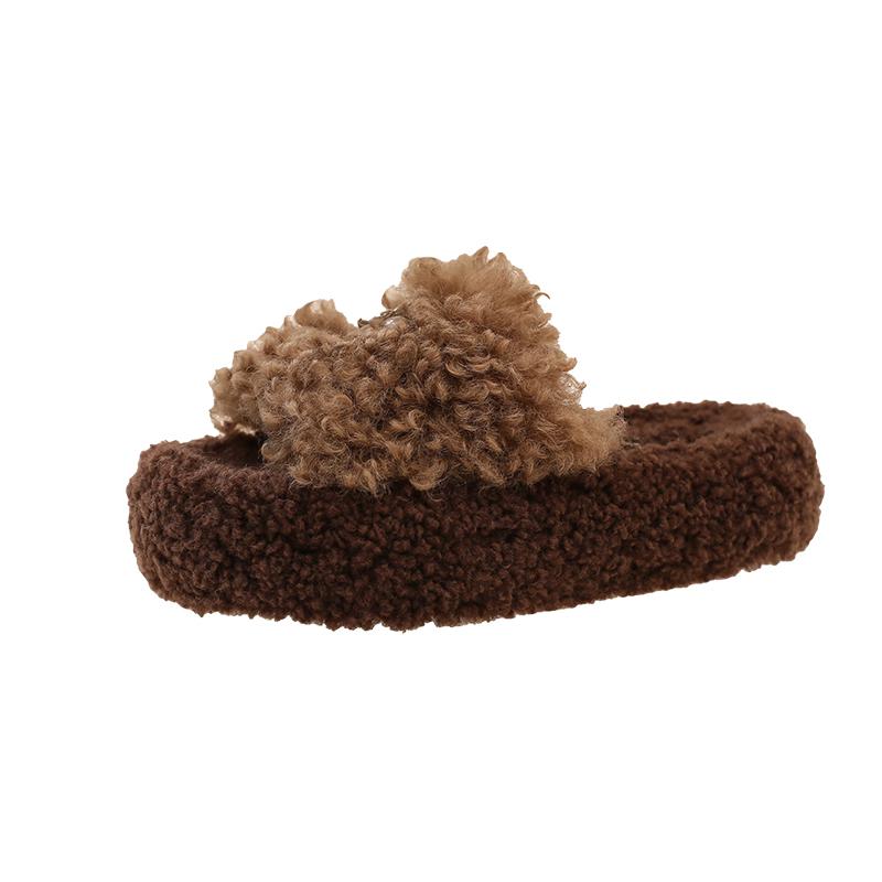Fashion Curly Wool Slippers Women Lambs Fur Shoes Thicken Soled Platform Slides Ladies Woolen Pantufa Shearling Loafers Furry Shoes