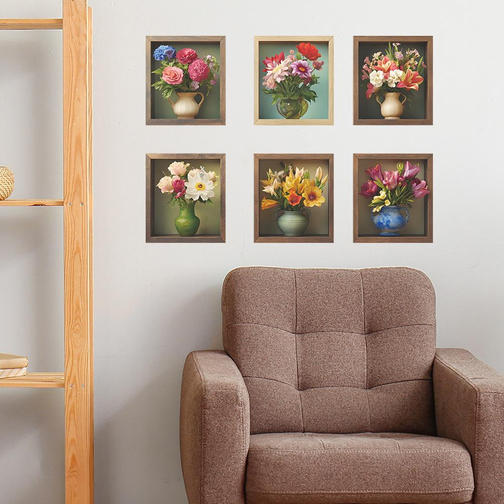 6 Stück Selbstklebende Bemalte Vase Schlafzimmer Wohnzimmer Zuhause Hintergrundwand Verschönerung Wandaufkleber