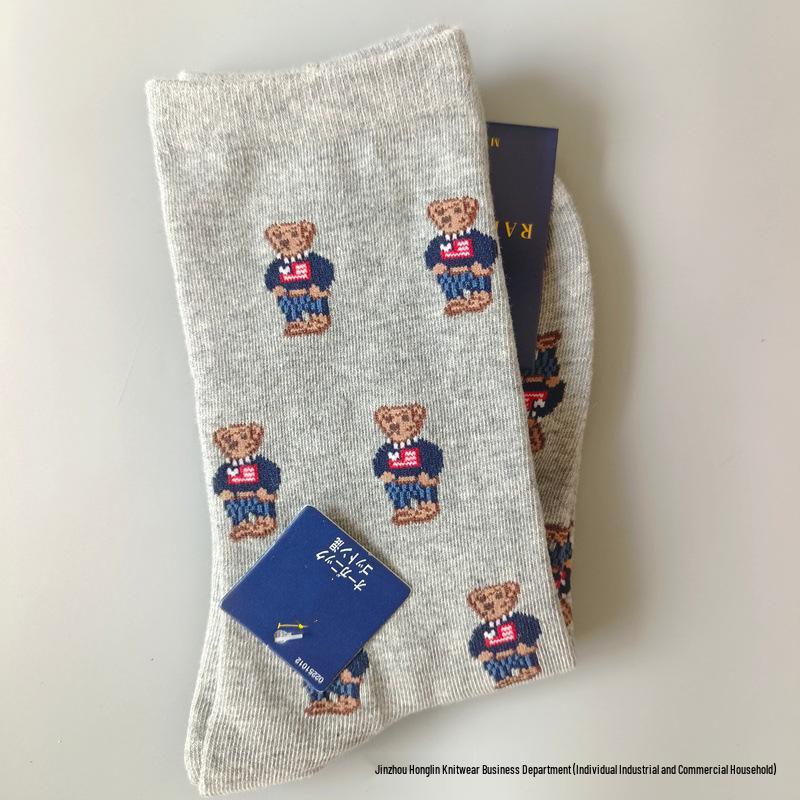Trendy Little Bear Mid-Calf Women's Cotton Socks for Spring and Autumn
