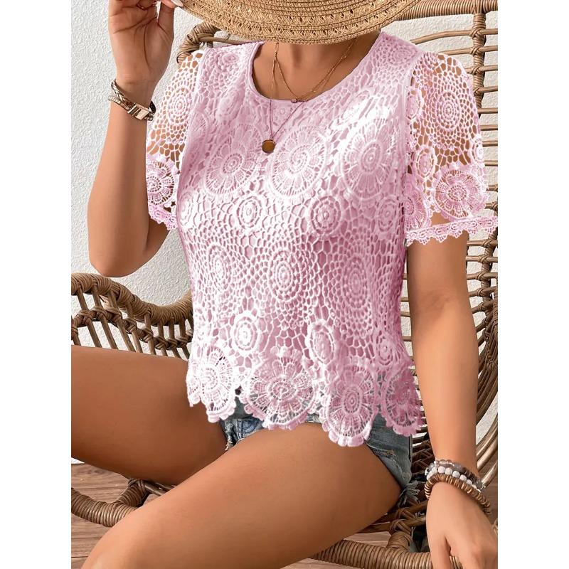 T-shirt Casual Elegante alla Moda Nuovi Stili Estivi con Scollo Tondo in Pizzo Aperta Davanti a Maniche Corte