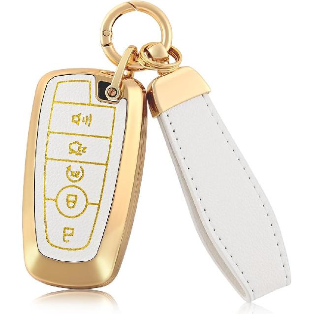 EnerCharge For Ford Key Fob Cover with Keychain, Soft TPU and Leather Key Case Shell Full Protection for Ford Explorer Escape