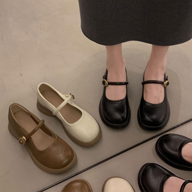 One Word with Shallow Mouth Single Shoes French Retro Mary Jane Women's Shoes 2024 Autumn New Models with Skirts Gentle Small Leather Shoes