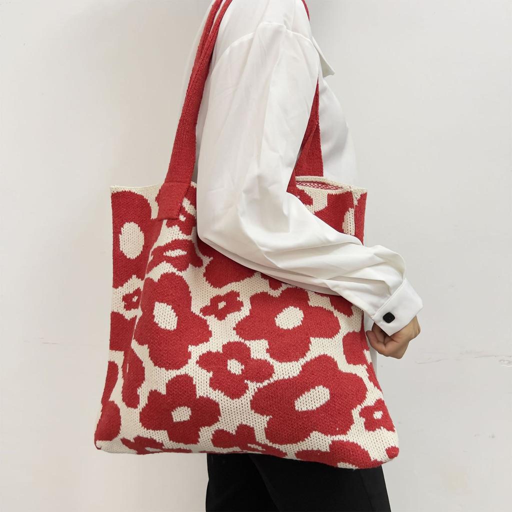 Beautiful Handbag Large Capacity Tote Bag Flower Pattern Knitted Bag Shoulder Bag Beach Bag for Street Shooting