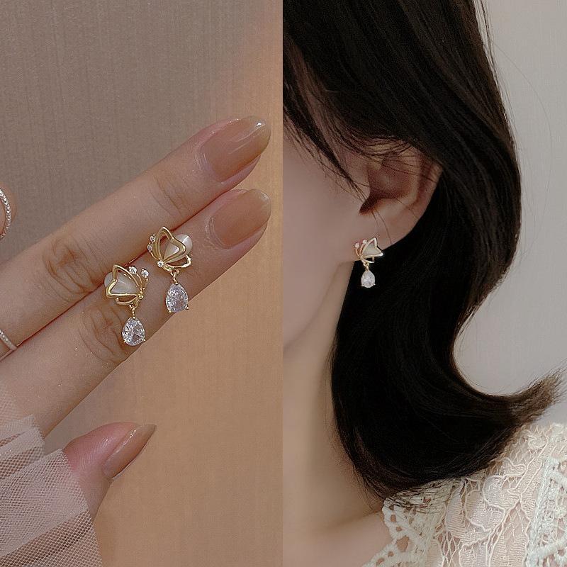 

opal butterfly love water drop zircon s silver needle earrings women s niche design high-end temperament stud earrings summer