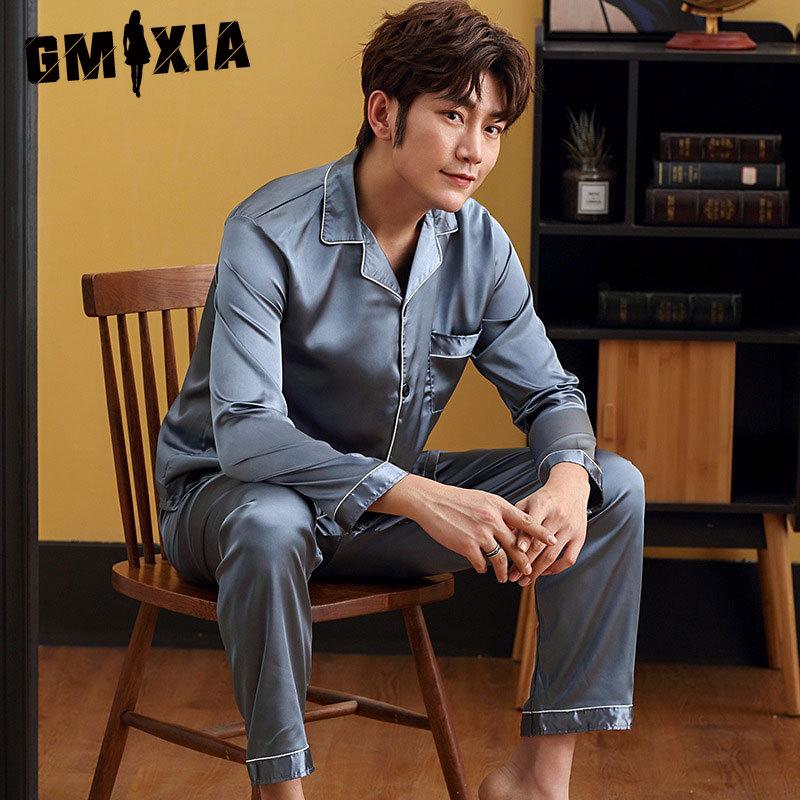 

GMXIA Spring and Autumn Men s Pajamas, Long Sleeves and Long Pants, Thin Ice Silk, Teen Home Wear, Silk Set, Plus-size XXXXL