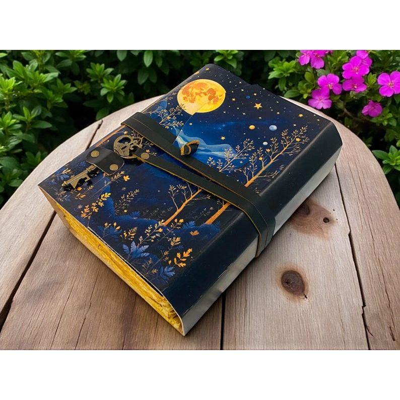 Moon phase Forest Leather Journal with Key | Moonlit Witchy Grimoire | Deckle Paper Book of Shadows | Gift for Her/Him