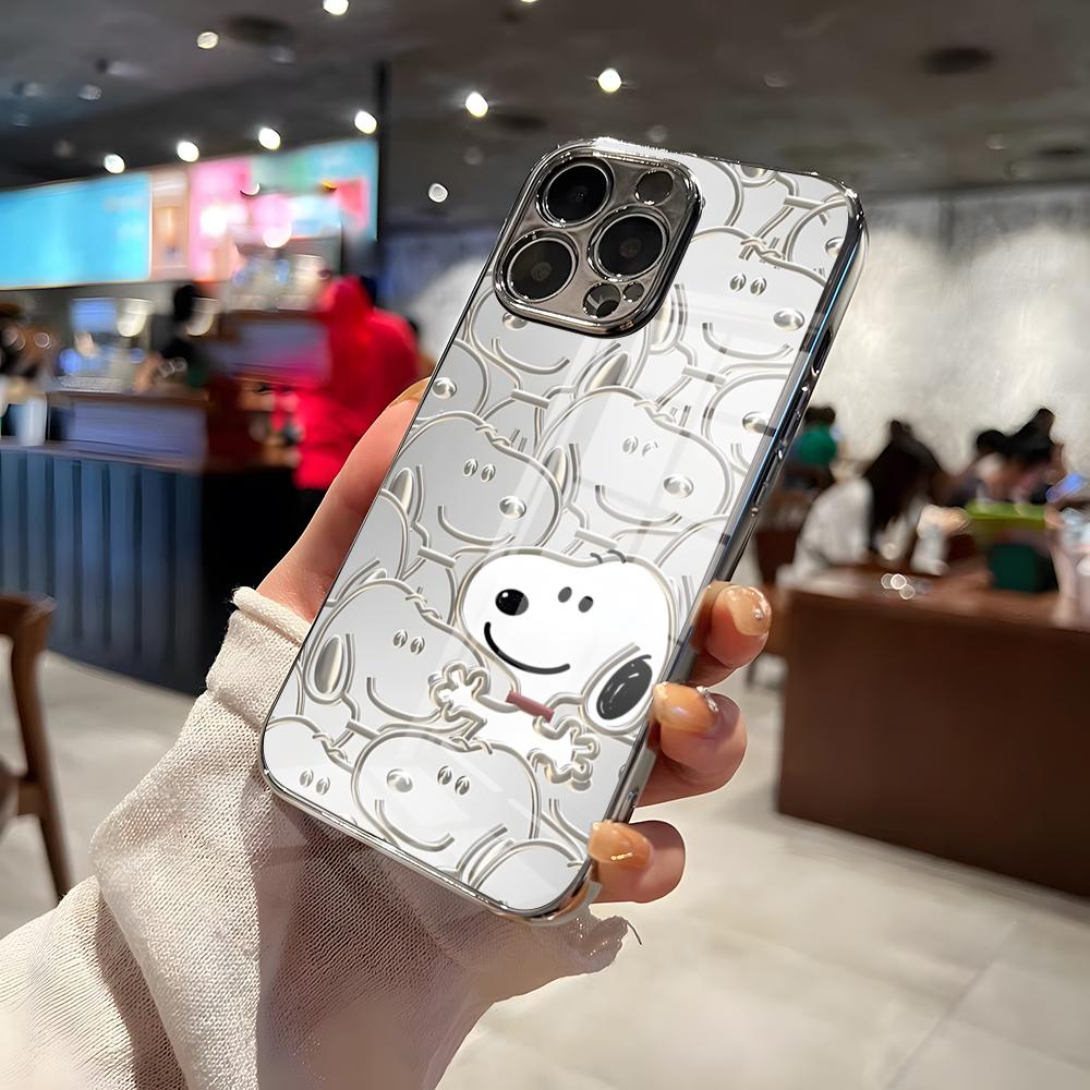Cute Cartoon S-SnoopyS Phone Case For IPhone 17 Pro Max 15 Pro 16 14 Plus 12 13 Mini 11 Pro Shockproof Electroplated Glass Cove