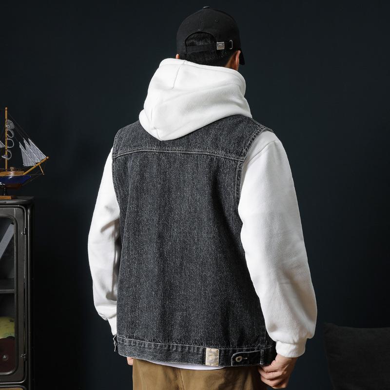 Men's Plus Size 7XL Korean Fashionable Loose Washed Denim Vest - Spring and Autumn Youth Casual Multi-Pocket Sleeveless Jacket