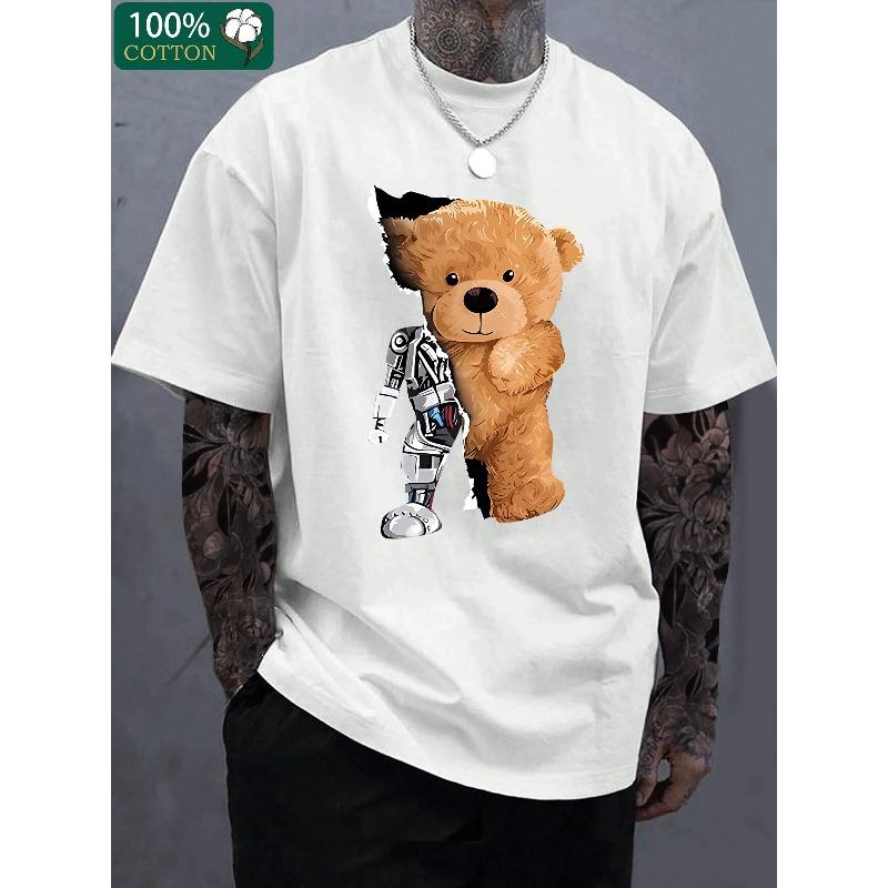 Men's 100% Pure Cotton Summer Loose Oversized Casual Mechanical Bear Pattern Printed Sports Round Neck Short Sleeved T-shirt Top