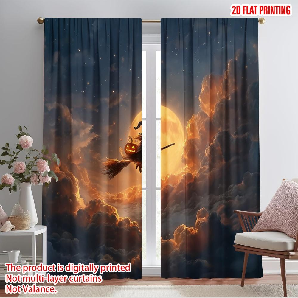 

2pcs,2D plane printing Popular Curtain Panels Halloween Witch Flying Square Durable Polyester (without rod) Room Decor Use for 52.50×116.00 CM 2pcs