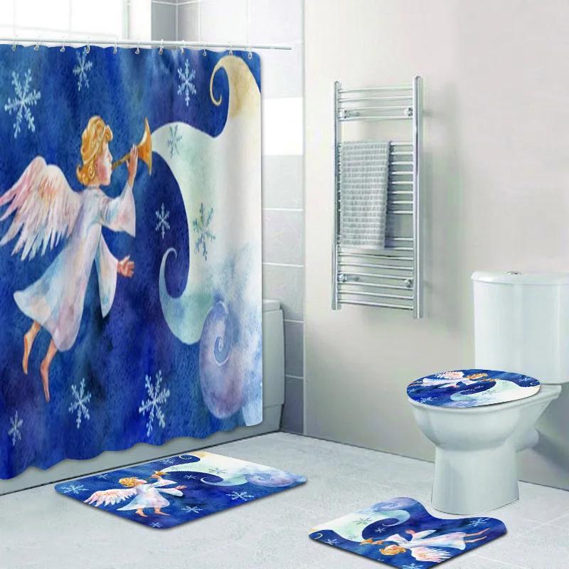 Watercolored Cute Angels Cherub Curtain Shower Curtains Set Floral Cupid Angel Wings Fairy Bathroom Curtain Set Mats Home Decor