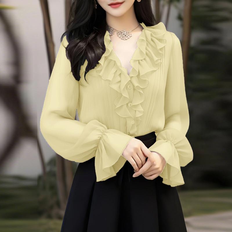 

ZANZEA Жіноча блузка з воланами, V-подібним вирізом, вільна, повсякденна, з довгим рукавом M абрикосовий