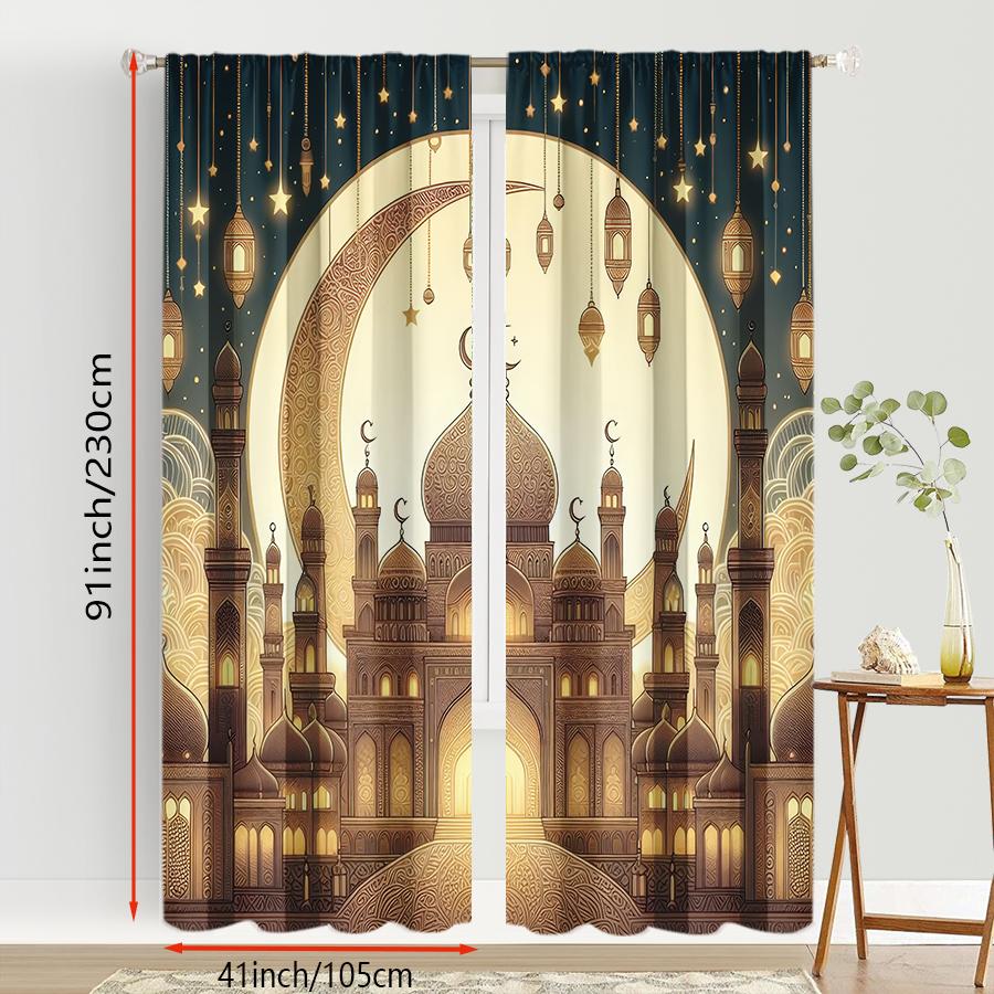 Golden Brown Islamic City Scene Curtains Retro Style Bedroom Living Room Drawbar Pocket Decorative Set Of 2 Made Polyester Area Decor